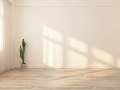 Potted Cactus Plant by Window with Sunlight White Wall and Light Wooden Floor 3d model
