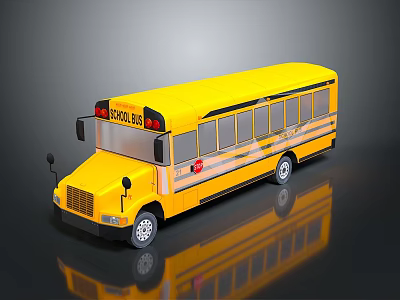 Yellow School Bus With Windows And Reflective Surface On Dark Background 3d model