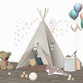 Cozy Kids Teepee Tent with Teddy Bear Balloons Star Cloud Wall Decorations and Pillows