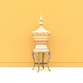 Traditional Carved Sculpture with Red and Gold Patterns on Black Metal Stand Against Wooden Wall