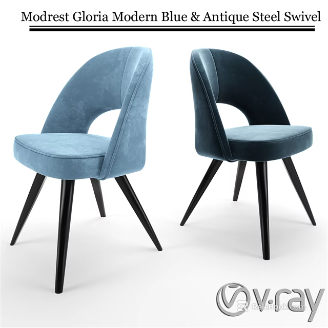 Elegant Modern Velvet Single Chairs In Light And Dark Blue With Black Legs 3d model 