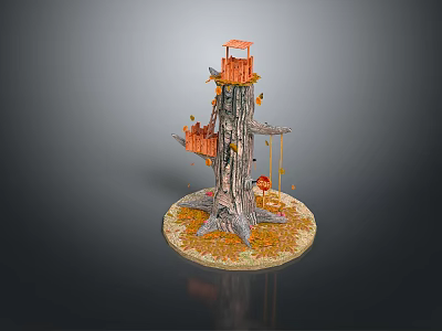 Scenic Autumn Treehouse Scene With Trunk Platform Swing And Fallen Leaves 3d model