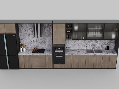 Modern Kitchen Interior With Wooden Cabinets Marble Countertop And Black Appliances 3d model