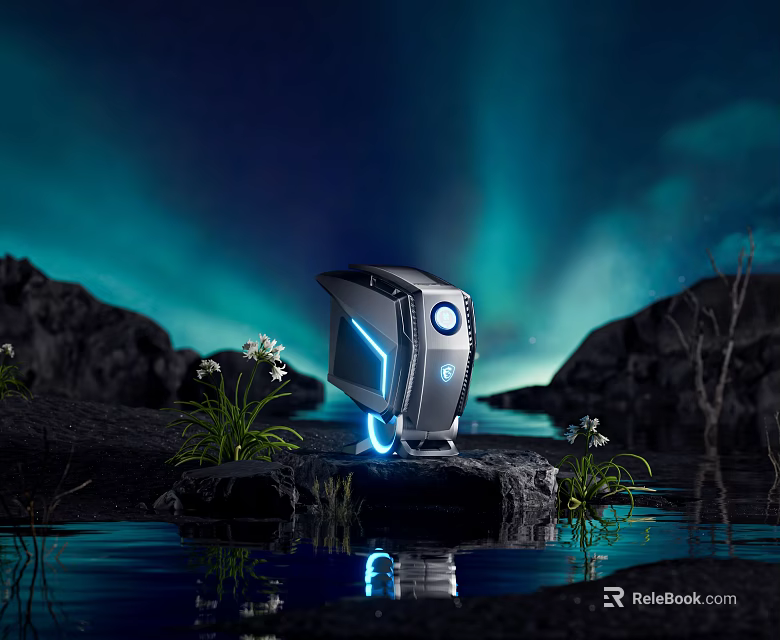 Sleek Gaming PC Tower With Blue Aurora Background On Rocky Water Landscape 3d model 