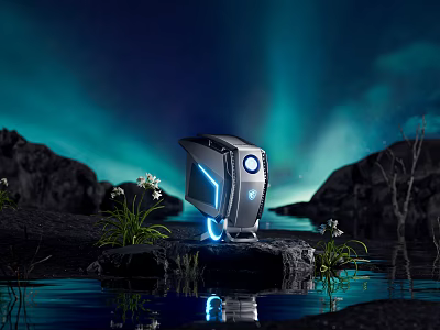 Sleek Gaming PC Tower With Blue Aurora Background On Rocky Water Landscape 3d model