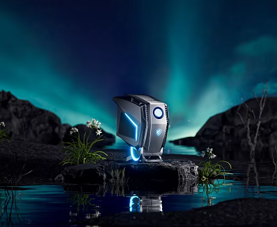 Sleek Gaming PC Tower With Blue Aurora Background On Rocky Water Landscape 3d model
