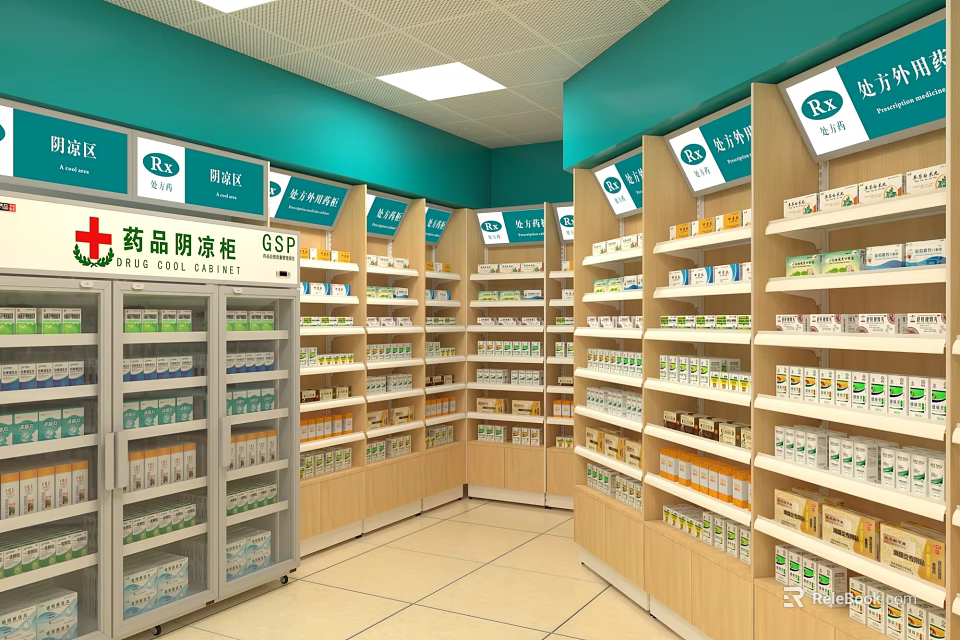 Pharmacy Store Interior With Green Signage And Shelves Displaying Various Medicines Products 3d model 