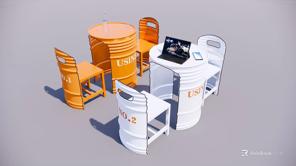 Barrel Made Dining Table Set With Orange White Chairs And Laptop On Top 3d model 