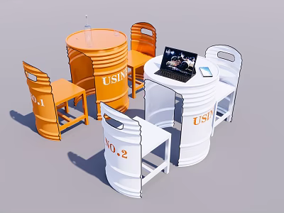 Barrel Made Dining Table Set With Orange White Chairs And Laptop On Top 3d model