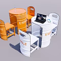 Barrel Made Dining Table Set With Orange White Chairs And Laptop On Top