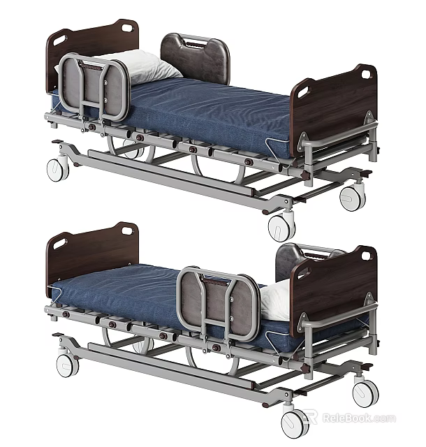 Adjustable Medical Hospital Bed With Side Rails Mattress And Wheels For Patient Care 3d model 