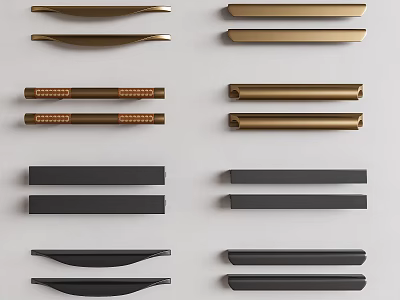 Various Modern Cabinet Handles In Gold And Black Colors With Different Designs 3d model