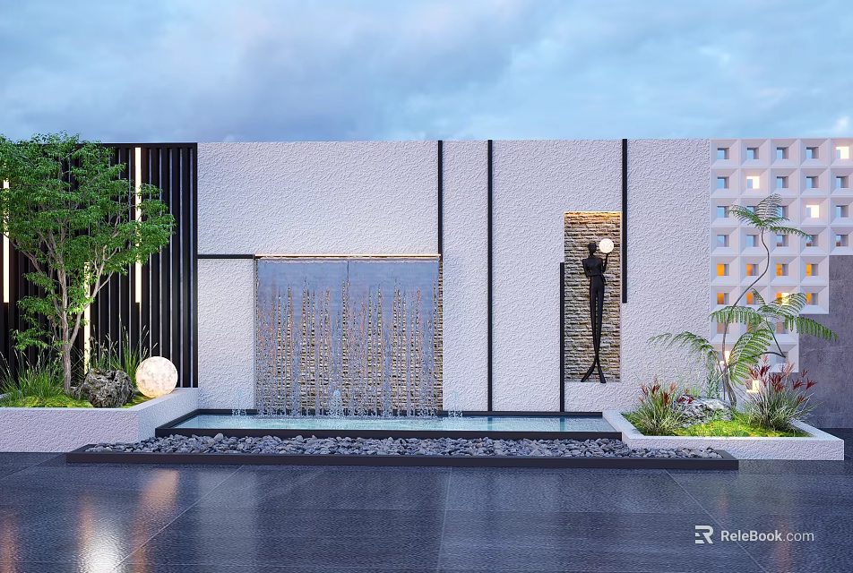 Modern Scenic Feature Wall With Waterfall Green Plants Decorative Light And Stone Pavement 3d model 