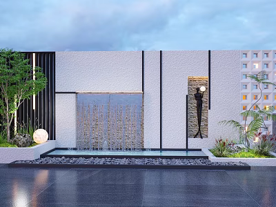 Modern Scenic Feature Wall With Waterfall Green Plants Decorative Light And Stone Pavement 3d model