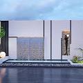 Modern Scenic Feature Wall With Waterfall Green Plants Decorative Light And Stone Pavement