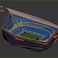 Modern Stadium Architectural Design With Blue Seats Green Field And Roof Structure