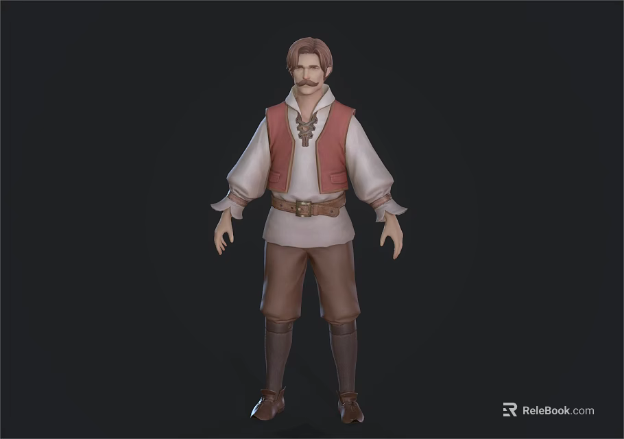 Man Dressed in White Long Sleeve Shirt Red Vest Brown Pants Belt on Dark Background 3d model 