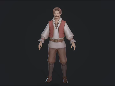Man Dressed in White Long Sleeve Shirt Red Vest Brown Pants Belt on Dark Background 3d model