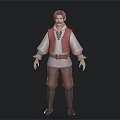 Man Dressed in White Long Sleeve Shirt Red Vest Brown Pants Belt on Dark Background