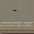 Beige Banquette Sofa With Wooden Storage Cabinets Side Bookshelves And Decorative Table Lamp