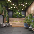 Modern Natural Wooden Reception Space With Lush Green Plants And Cozy Guest Lounge Seats
