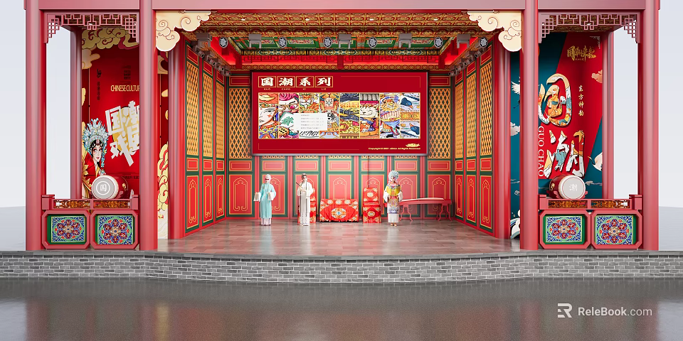 Ancient Chinese Architecture Stage with Red Decorations Golden Carvings Painted Plaque and Traditional Costume Figures 3d model 