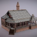Cartoon Scene Charming Brick House With Wooden Frame Chimney Porch And Stairs