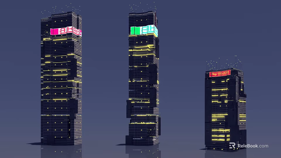 Futuristic Architecture Tall Modern Skyscrapers With Colorful Digital Screens and Illuminated Exteriors at Night 3d model 