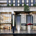 Modern Multi Storey Building With Glass Windows Street Trees And Parked Car At Evening