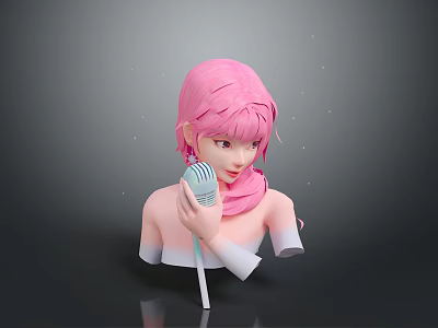 Pink Haired Female Character Holding Microphone Against Gray Background With Small Dots 3d model
