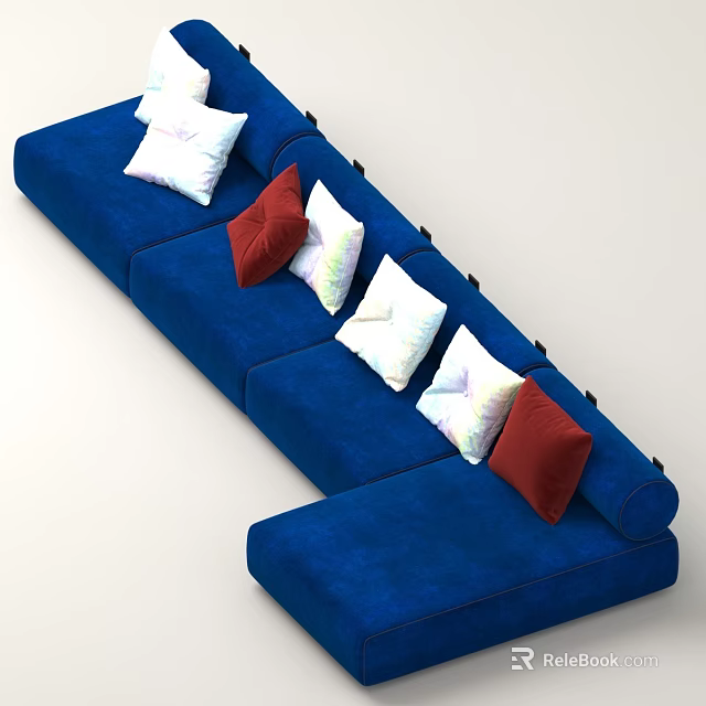 Blue Sectional Sofa With White Red And Shiny Colorful Pillows In Modern Design 3d model 