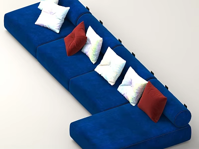 Blue Sectional Sofa With White Red And Shiny Colorful Pillows In Modern Design 3d model