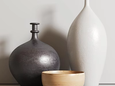 Decorative Ornament Set Featuring Dark Matte Vase White Smooth Vase And Wooden Bowl 3d model