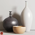 Decorative Ornament Set Featuring Dark Matte Vase White Smooth Vase And Wooden Bowl