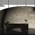 Curved Oriental Reception Desk Design Featuring Metallic Structure And Floral Bird Moon Wall Art