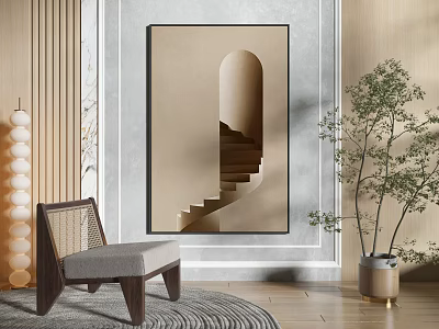 Modern Interior Design With Arch Staircase Painting Wooden Armchair And Potted Plant 3d model