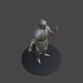 Silver Armor Worn By Human Figure With Spear On Round Platform Against Dark Background 3d model