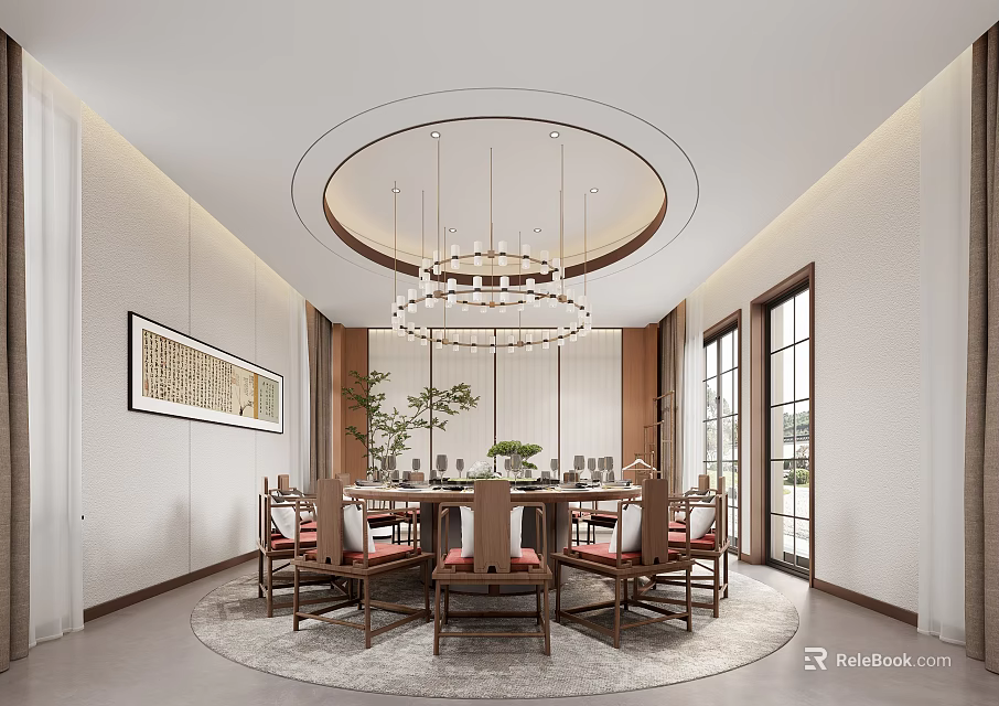 Traditional Chinese Private Dining Room Interior With Round Dining Table Wooden Chairs And Chandelier 3d model 