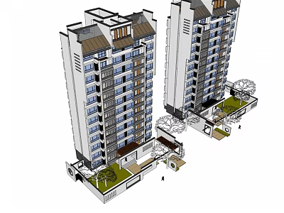 Two Modern High Rise Residential Buildings With Balconies And Green Courtyard Exterior Design 3d model