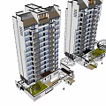Two Modern High Rise Residential Buildings With Balconies And Green Courtyard Exterior Design