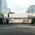 Modern Entrance Gate Design With Glass Facade And Green Plants Near Tall Buildings