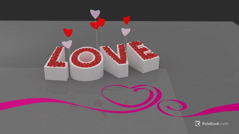 Romantic Photo Check in Spot With 3D LOVE Letters Red Heart Decorations And Pink Ribbon 3d model 