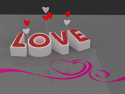 Romantic Photo Check in Spot With 3D LOVE Letters Red Heart Decorations And Pink Ribbon 3d model