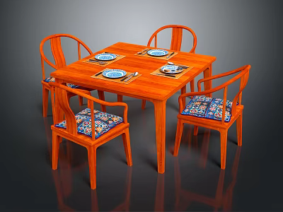 Square Wooden Dining Table Set With Four Curved Chairs Patterned Cushions And Tableware 3d model
