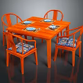 Square Wooden Dining Table Set With Four Curved Chairs Patterned Cushions And Tableware 3d model