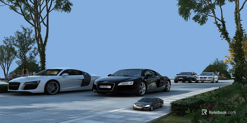 White And Black Luxury Sports Cars Parked On Paved Area With Trees 3d model 
