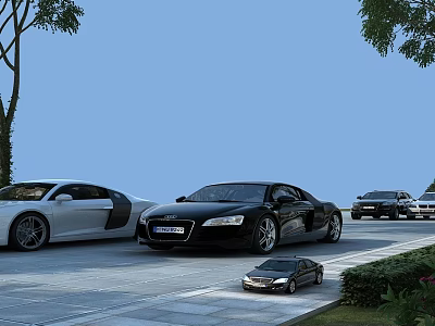 White And Black Luxury Sports Cars Parked On Paved Area With Trees 3d model