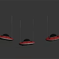 Three Red Circular Reflective Spacecraft With Black Center Suspended In Dark Cosmic Background