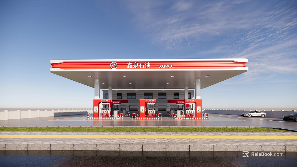 SUMOIL Gas Station Exterior With Red And White Canopy And Fuel Pumps 3d model 