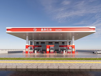 SUMOIL Gas Station Exterior With Red And White Canopy And Fuel Pumps 3d model